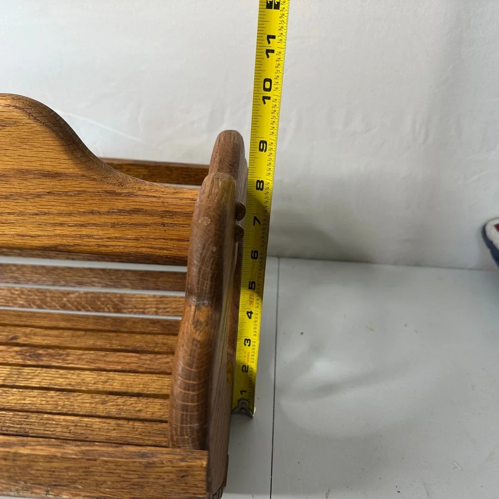 Hale Woodworking Vintage Oak Wood Magazine Rack Heart Handle Slatted Book Caddy
